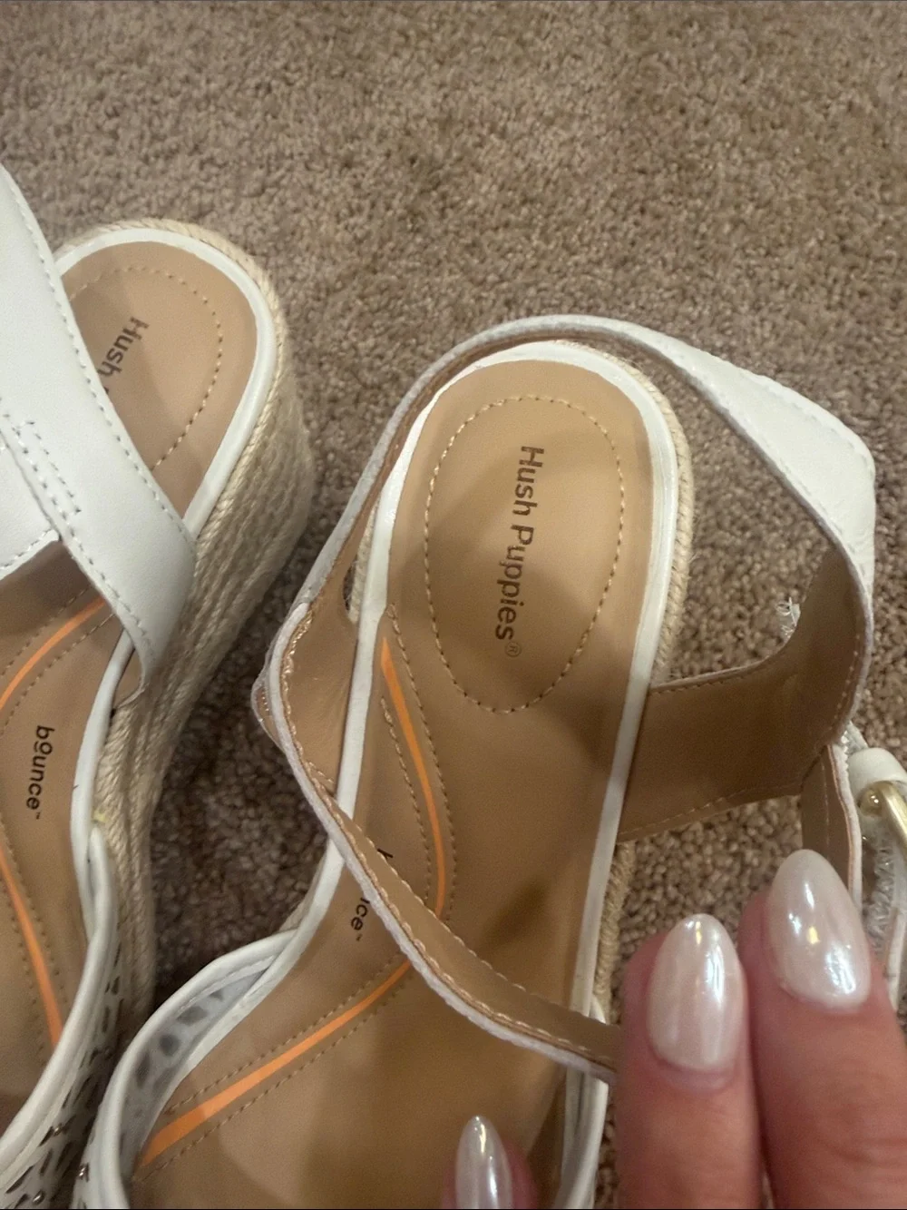 Hush Puppies White Laser-Cut Espadrille Wedge Sandals with Gold Buckle